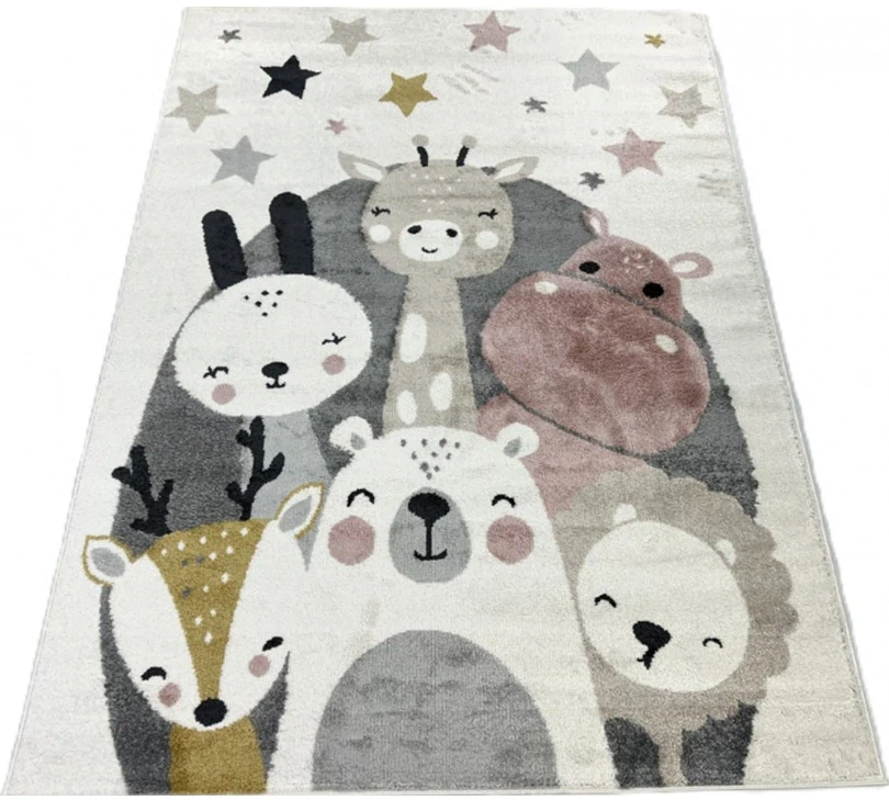 Kusový koberec Happy Zvířátka AN-C56 ZOO krémová-béžová, bílá-šedá, bílá-růžová rozměr 80 x 150cm